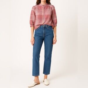 VINTAGE LIND CLARE Textured Plaid Blouse | M | Pink White | 80s Boho Western